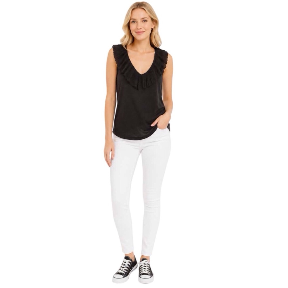 Banana Republic Sleeveless V Neck Ruffle Black Shirt Size XS